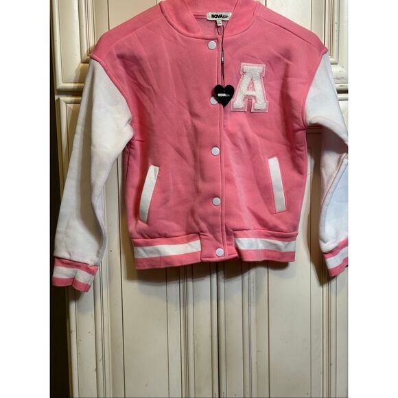 Nova Kids Girls Button-up Mini Bronx Shawty Varsity Bomber Jacket Pink Sz 10 NWT - Picture 3 of 12
